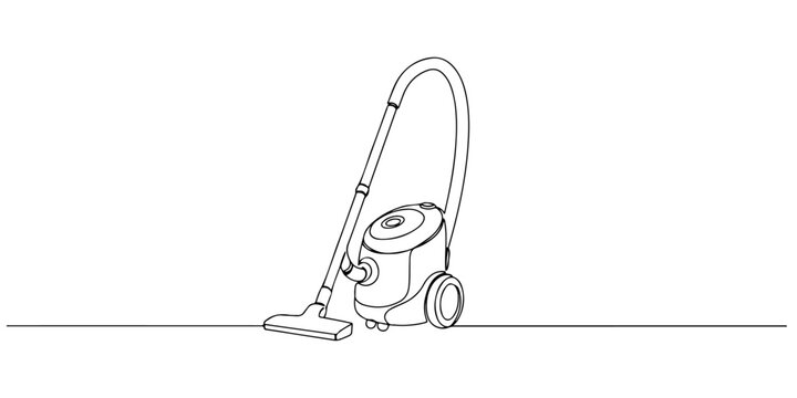 Continuous one line drawing of a vacuum cleaner with wheels, depicting cleanliness and efficiency, line art style vector illustration.