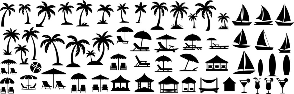 Vector set of tropical beach silhouettes including palm trees, umbrellas, lounge chairs, boats and cocktails. Black summer vacation icons ideal for travel design and decor.