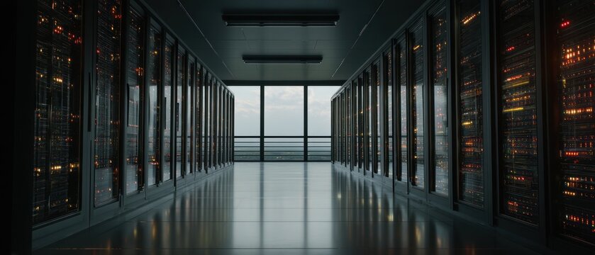 Data center servers lined up in a row with window in the background