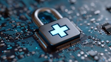 A secure padlock featuring a glowing cross symbol, resting on a circuit board