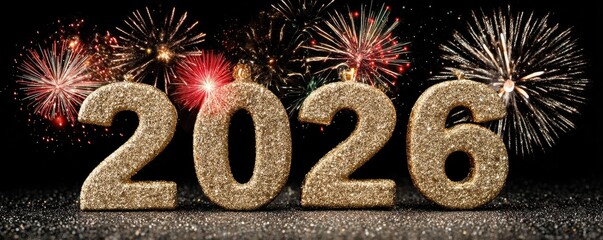 Golden 2026 numbers with fireworks and confetti for celebration and New Year imagery