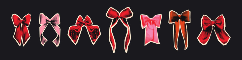 Whimsical bows halftone art collage cut outs set. Pink and red paper clipping shapes, grunge dotted stickers for playful mixed media design and scrapbook. Modern retro vector illustration isolated