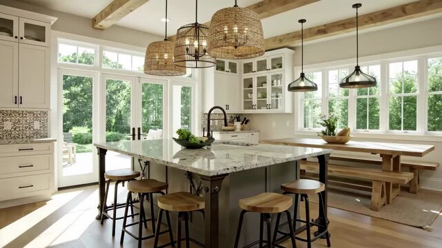 Modern farmhouse kitchen with white cabinets, large island, and woven pendant lights