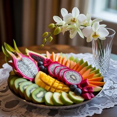 Colorful Tropical Fruit Platter with Orchid Flowers