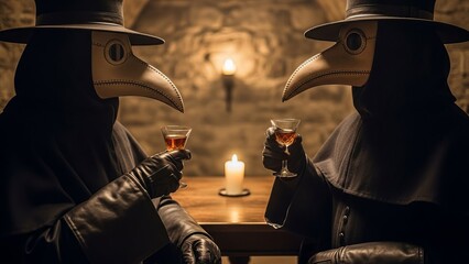 Two plague doctors drinking liqueur by candlelight