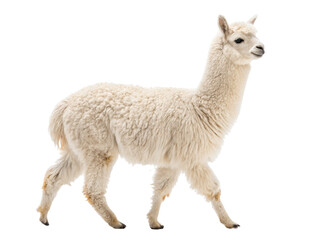 Fototapeta premium A fluffy, cream-colored llama with a dense, curly fleece stands in a graceful walking pose against a stark white backdrop, illuminated by soft, even lighting to, isolated on transparent background.