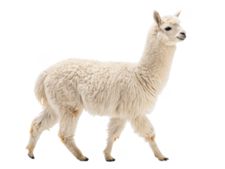 A fluffy, cream-colored llama with a dense, curly fleece stands in a graceful walking pose against a stark white backdrop, illuminated by soft, even lighting to, isolated on transparent background.