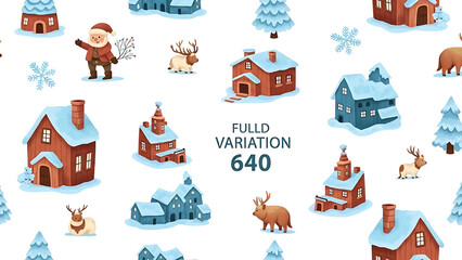 Snowy houses and reindeer with Santa isolated on a transparent background