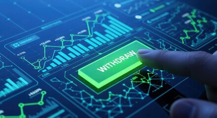 Finger presses the withdraw button on a dark digital interface displaying neon financial charts
