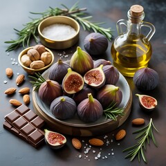 Rustic Still Life with Fresh Figs, Chocolate, and Olive Oil