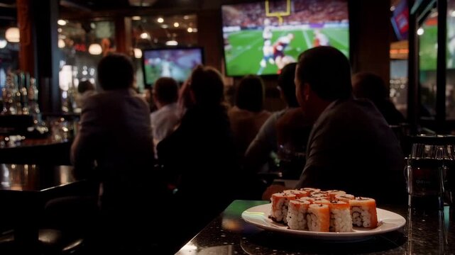 People watch sports while enjoying sushi in a lively restaurant setting. Super Bowl