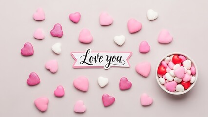 An image featuring a collection of heart-shaped candies scattered around a central sign that reads 'Love you.'