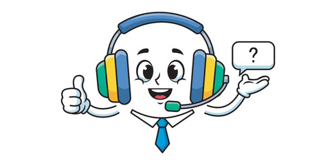 Friendly cartoon customer service mascot with headset gives thumbs up asks a question Get online help support and