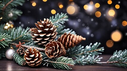 Pinecones with Christmas Lights on Wood Table