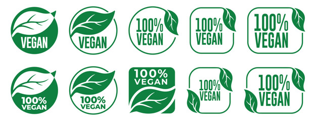 Vegan and 100% Vegan Food Labels and Badges Vector Set &ndash; Plant-Based Certification Icons