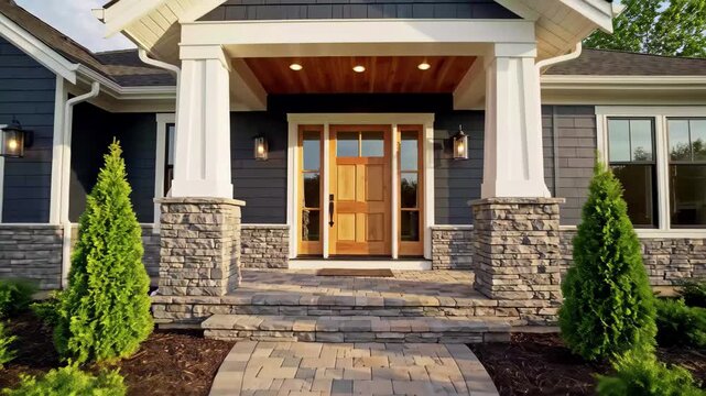 Modern craftsman style home exterior with dark siding, stone accents, and wood entry door