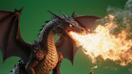 Fierce Dragon Breathing Fire with Wings Spread Wide.