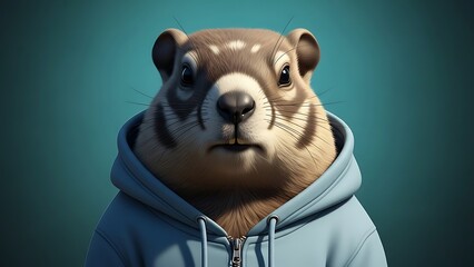 A groundhog wearing a blue hoodie looking directly at the camera