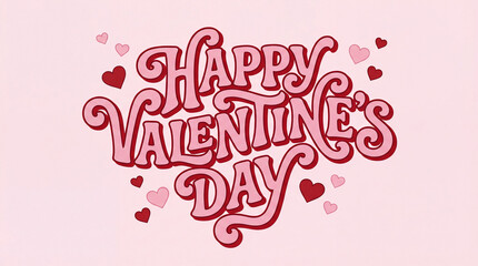 Happy valentines day retro typography lettering with pink hearts, groovy 70s style romantic quote illustration, funky creative calligraphy, for love holiday celebration greeting card background.