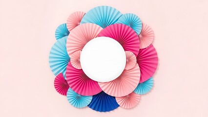 A vibrant arrangement of paper fans in various colors such as pink, blue, and purple, forming a circular pattern around a central white circle. 