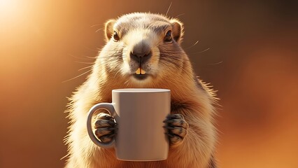 A groundhog holding a white mug