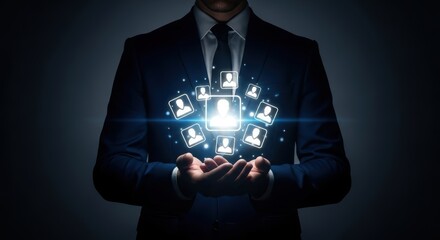 Businessman holding glowing user network icons against a dark background