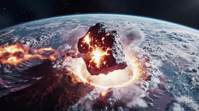 Massive asteroid impact on earth from space with fiery explosion and atmospheric entry