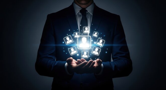 Businessman holding glowing user network icons against a dark background - Powered by Adobe