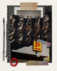mixed media collage featuring textured, vertical organic forms with a zigzag line, layered paper elements, and a yellow parking sign with arrow. The artwork combines urban photography, hand-drawn mark