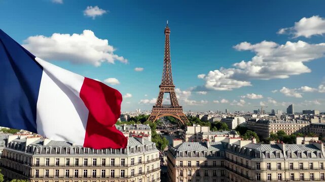 French flag waving in foreground with eiffel tower and paris skyline under blue sky