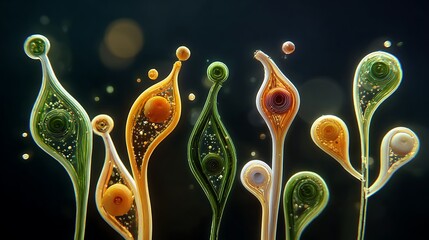 Vibrant luminous sprouts shaped like plants with glowing orbs on dark background for futuristic biotechnology concepts with colorful and abstract