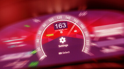 A car dashboard driving 163 kilometers per hour, selective focus