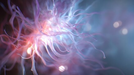 Luminous tendrils rising through a dark mystical space with vibrant purple and blue hues and soft glowing lights with Vibrant purple hues and Glowing tendrils