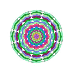 Vibrant multicolored mandala pattern with green, blue, purple, and pink hues