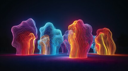 Vibrant luminous upward growing figures in neon colors against a dark background with wavy lines and glowing effects with abstract and art and design