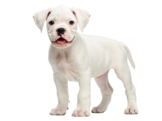 Adorable, youthful American Bully puppy with a short, smooth white coat stands playfully with an open mouth and slightly wrinkled brow, bathed in soft, diffused, isolated on transparent background.