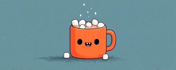 Cute cartoon orange mug with marshmallows, hot cocoa, and a joyful smile in vector style
