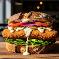 Delicious sandwich with fried chicken and vegetables on a wooden table