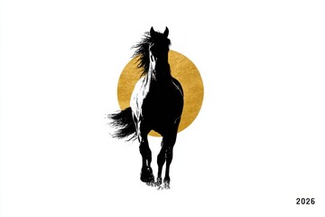 Black horse silhouette in a golden circle for branding and calendar design, 2026 theme