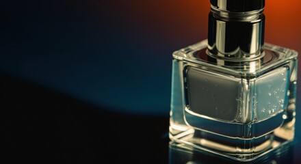 Perfume bottle with metallic cap on reflective surface and dark copyspace