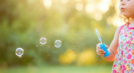 Girl blowing soap bubbles outdoors with warm sunlight and blurred background