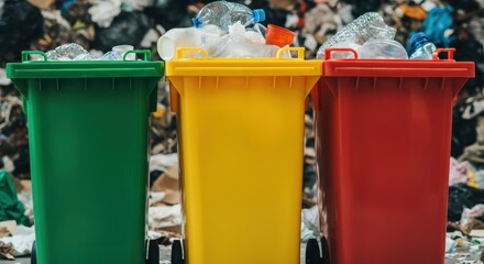 Recycling bins in green yellow and red filled with plastic bottles and waste