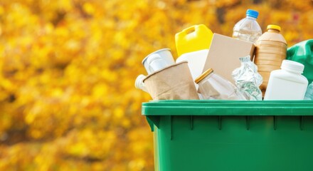 Green recycling bin overflowing with mixed recyclable containers against autumn