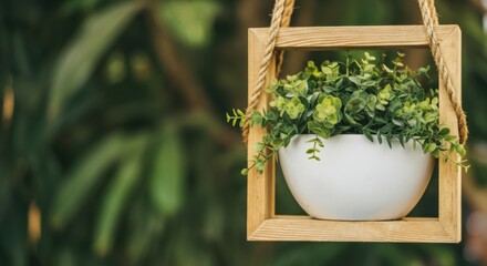 Hanging planter with green foliage in wooden frame and ceramic pot suspended
