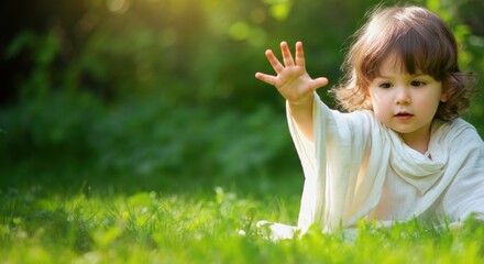 Toddler girl reaching out while sitting on sunlit grass with soft bokeh
