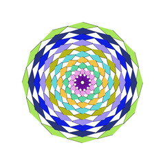 Vibrant multicolored spiral pattern on with blue, green, purple, and orange hues in a circular design