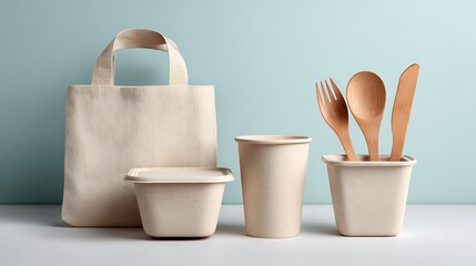 Eco-friendly reusable bag, containers, cutlery, and cup against a soft blue backdrop