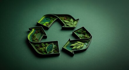 Recycling symbol with leafy arrows on green background and subtle studio lighting