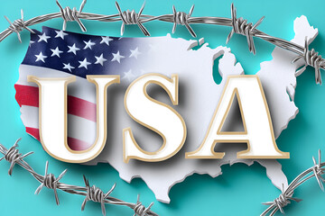 USA Border Control and Immigration Restrictions with Barbed Wire Fence
