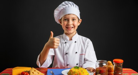 Boy chef in white uniform giving thumbs up next to colorful plated meal